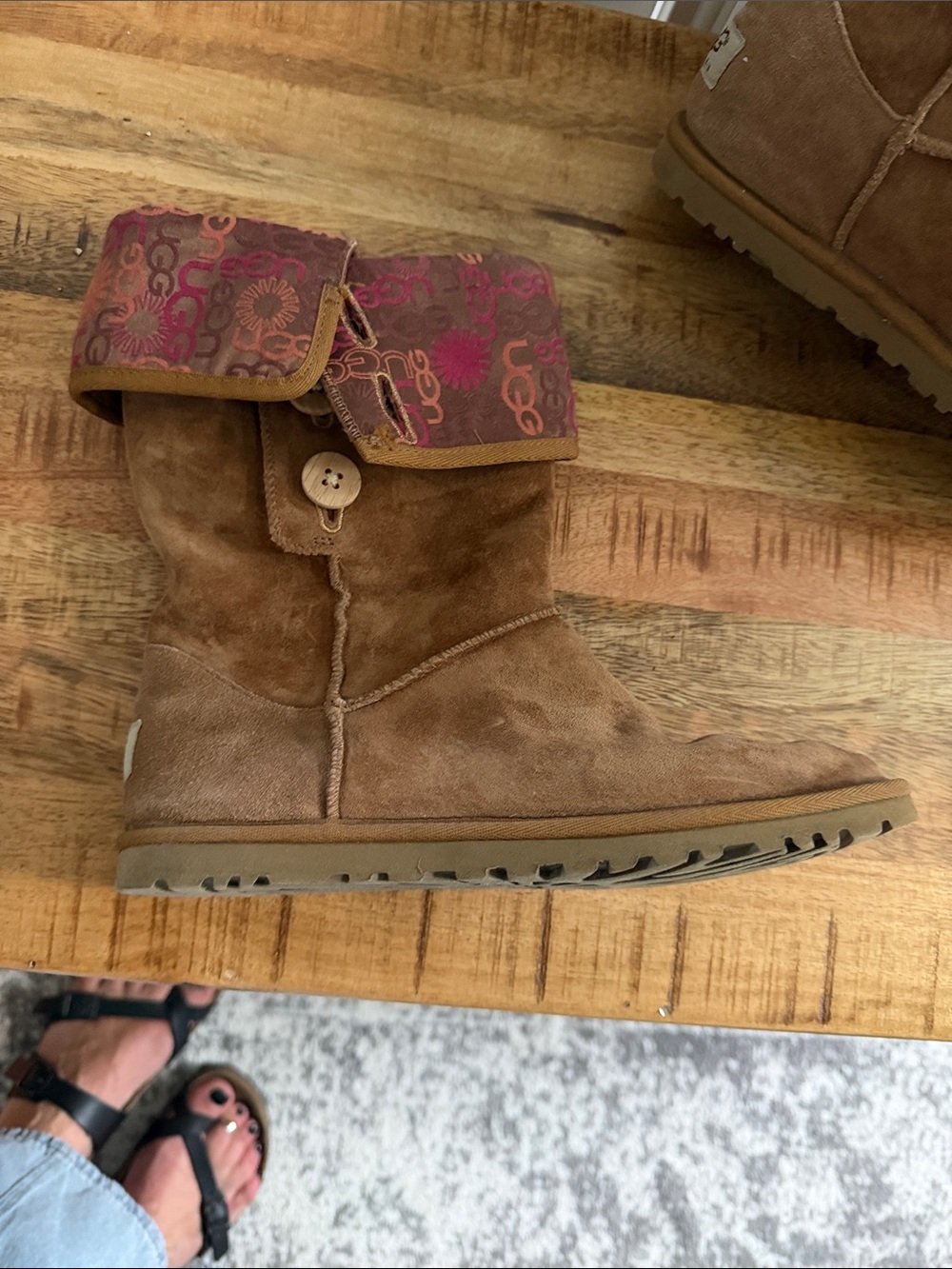 UGG Brown Suede Fold-Over Boot with Patterned Cuff